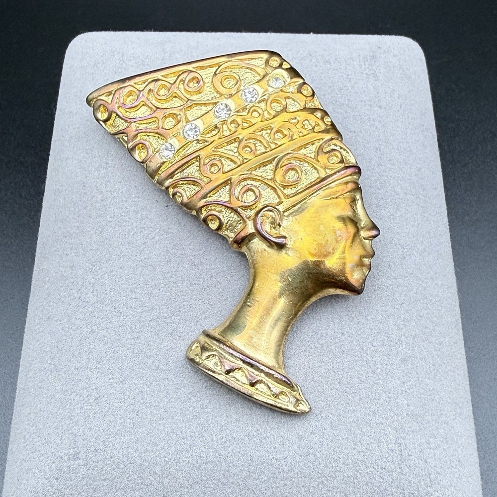 Vintage Egyptian Revival Nefertiti Brooch Gold Tone Rhinestone Queen Pin 2in